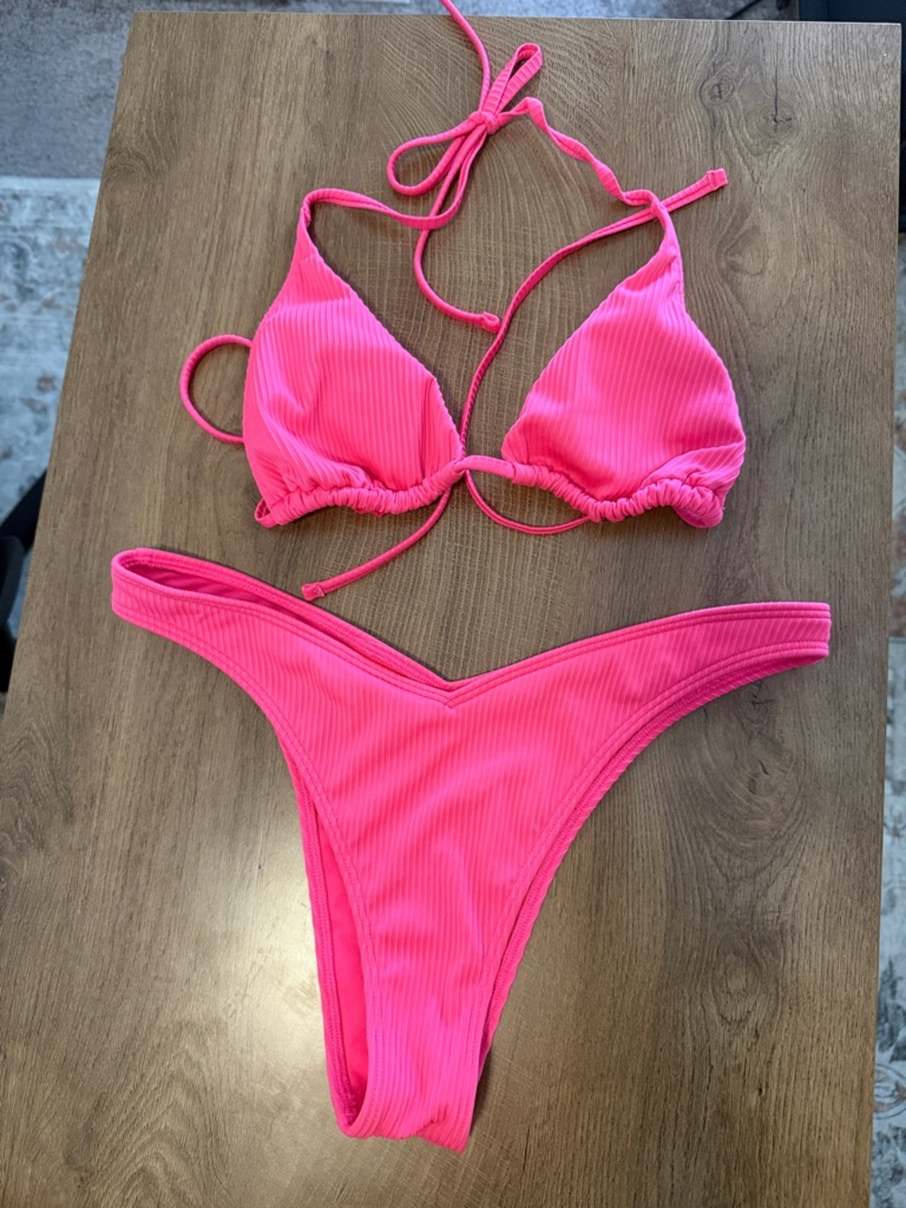 Hollister Hot Pink Ribbed Triangle Bikini Set
